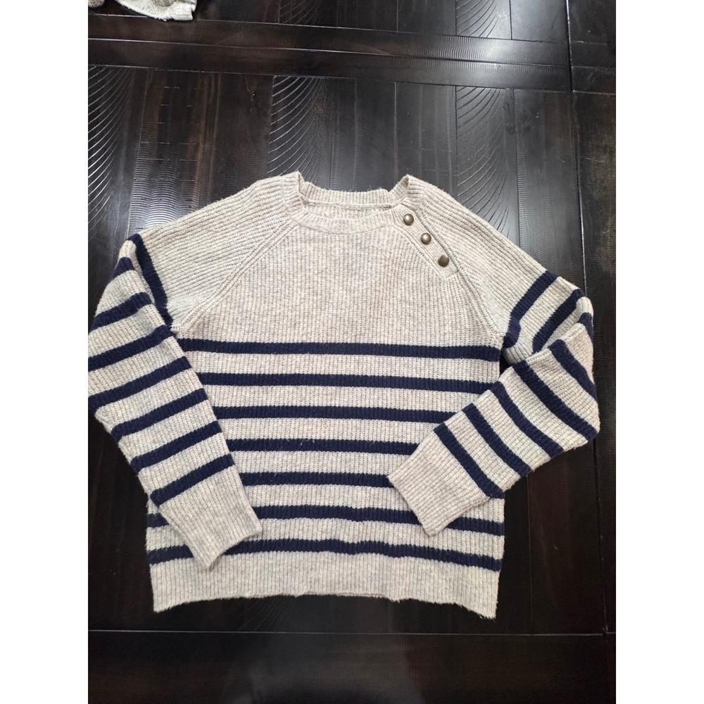 Knox Rose Womens Striped Button Shoulder Ribbed Knit Sweater Oatmeal Navy Medium